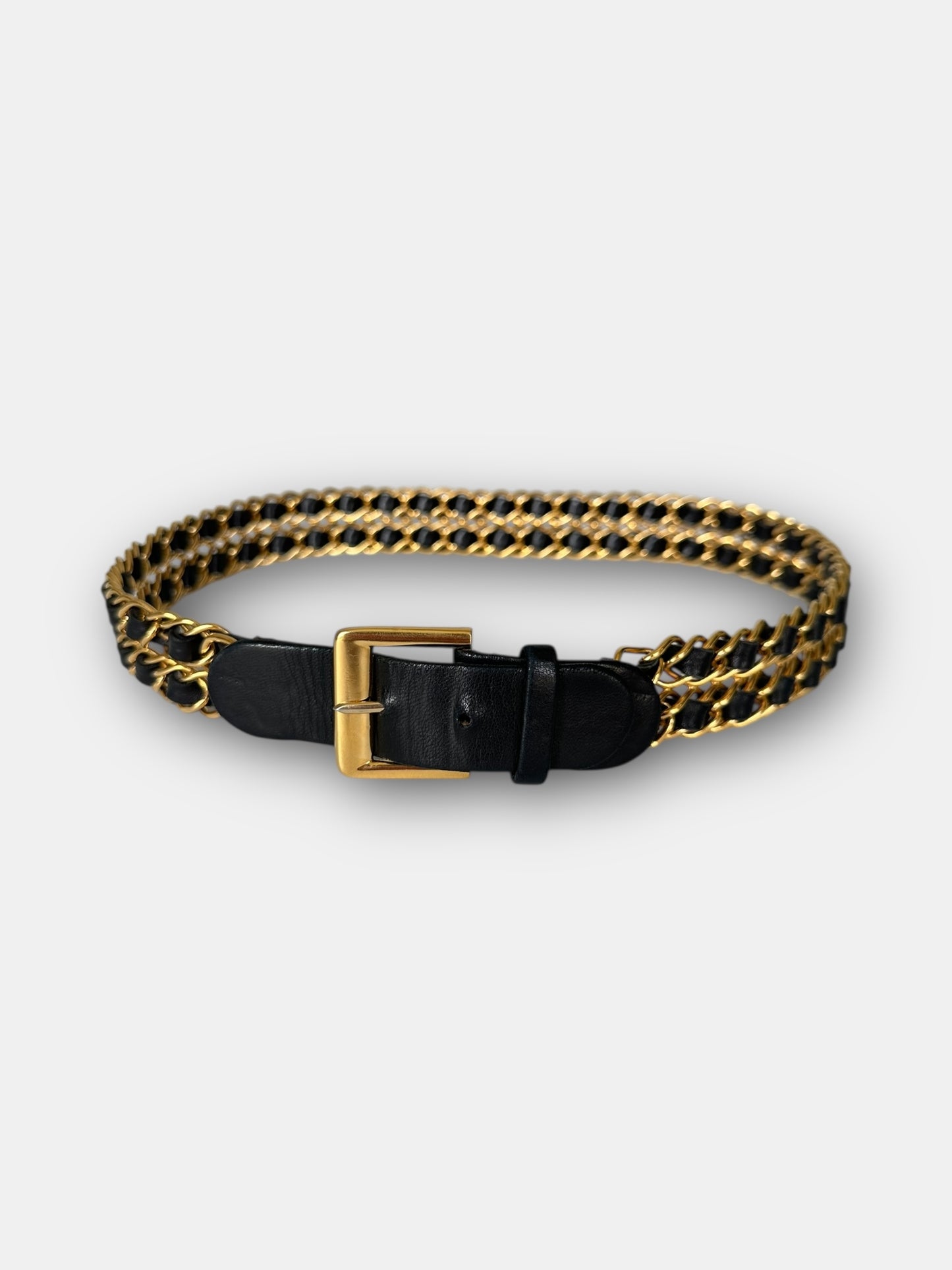 Chanel - Ceinture double chaîne entrelacées de cuir et de métal plaqué or vintage
