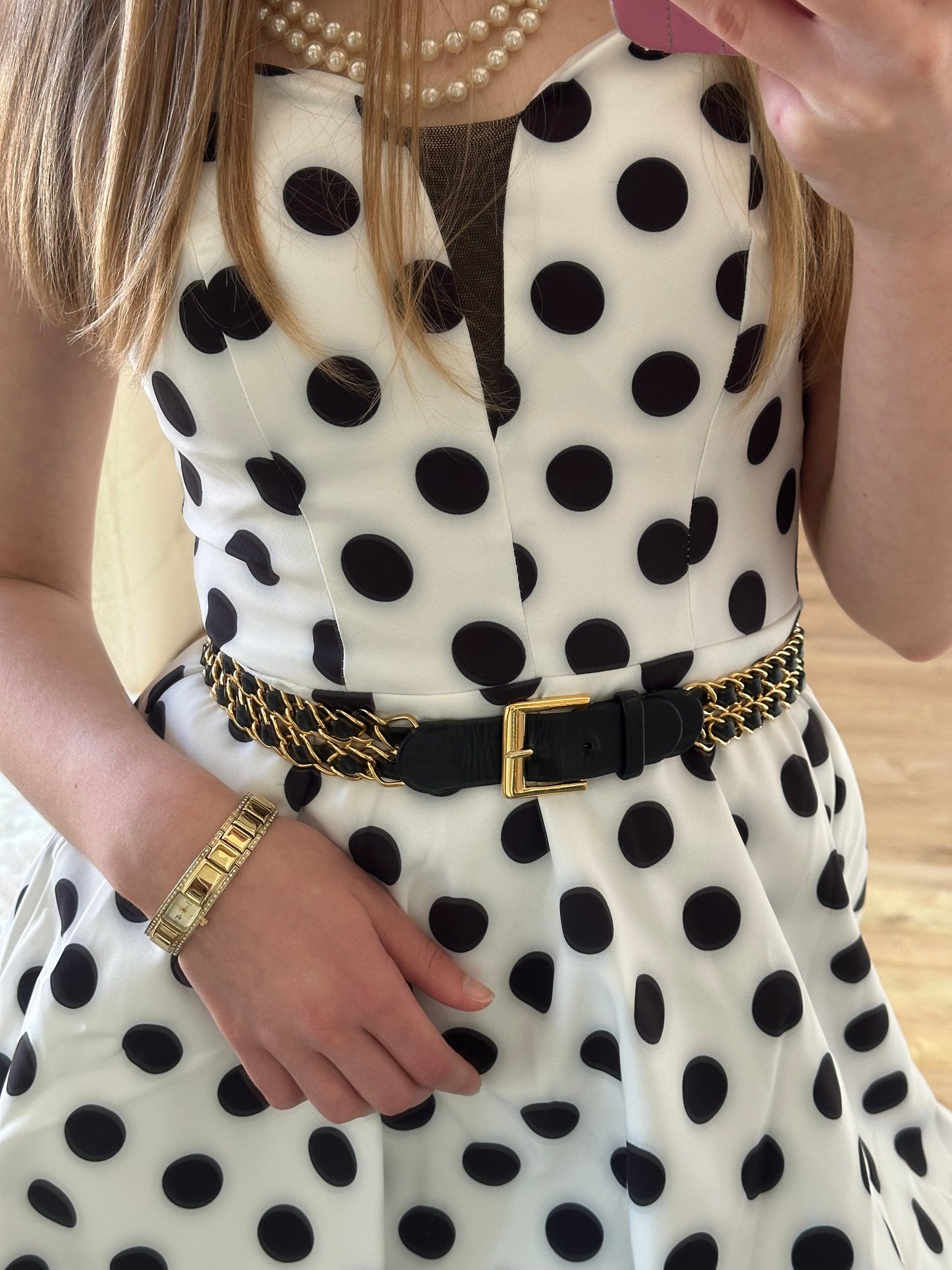 Chanel - Ceinture double chaîne entrelacées de cuir et de métal plaqué or vintage